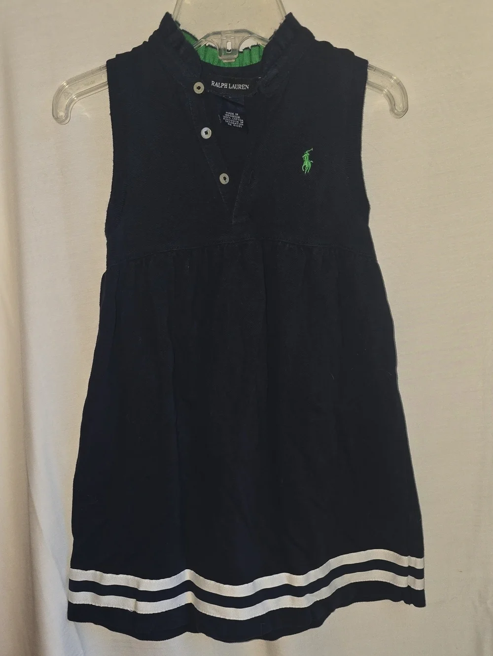 Ralph Lauren Navy Sleeveless Polo Dress with Green Pony and White Hem Stripes